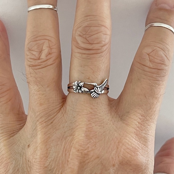 Sterling Silver Flower and Hummingbird Ring, Bird Ring, Silver Rings, Animals - Picture 2 of 14